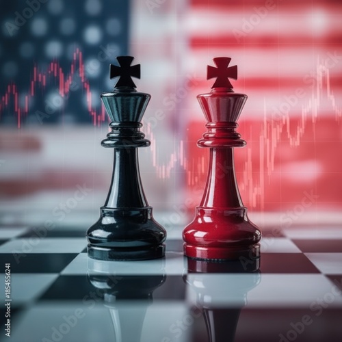 Two chess kings face each other on a board with a flag and graph.