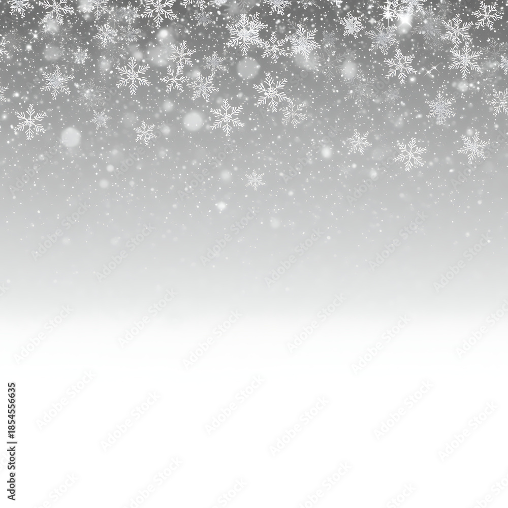 Fototapeta premium Snowflakes falling on white background with grey gradient