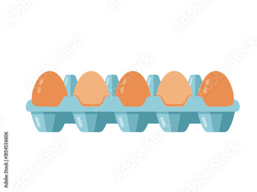 Six brown eggs in a light blue carton viewed from directly above on a white background