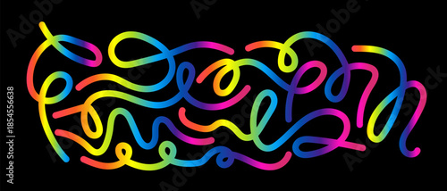 Vibrant multicolored neon glowing tubes on forming abstract pattern