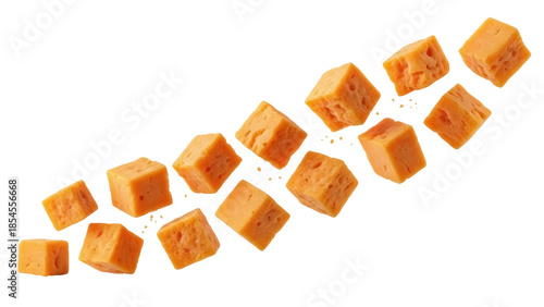 Φωτογραφία Cheddar cheese cubes PNG isolated on transparent background, orange cheese piece