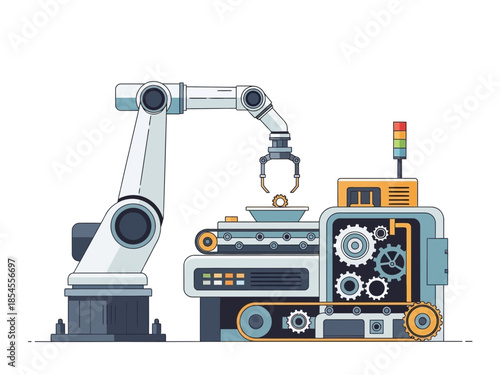 Industrial robotic arm operating machinery in a factory setting with mechanical components visible