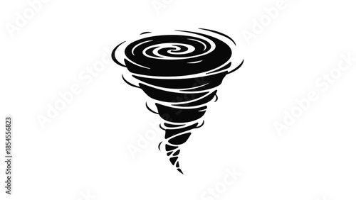 Dramatic black silhouette of a swirling tornado against a white background, symbolizing powerful natural forces.