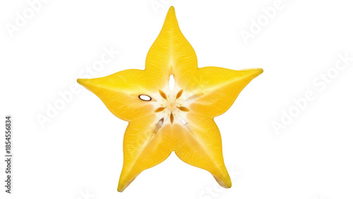 Vibrant yellow star fruit slice isolated PNG, tropical fruit with unique star shape on transparent background for healthy eating concepts