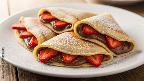 Sweet crepes filled with chocolate spread and fresh strawberries
