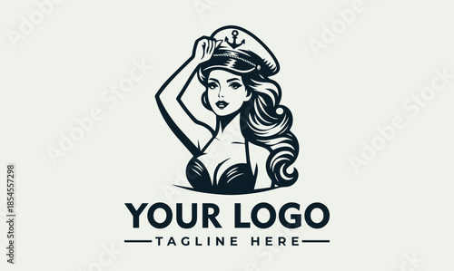 Vector illustration of a sailor woman logo with a captain's hat and a customizable tagline on a plain background.