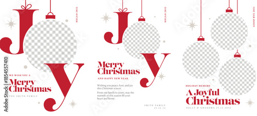 Three festive Christmas card designs featuring the word JOY with photo placeholders and holiday greetings.