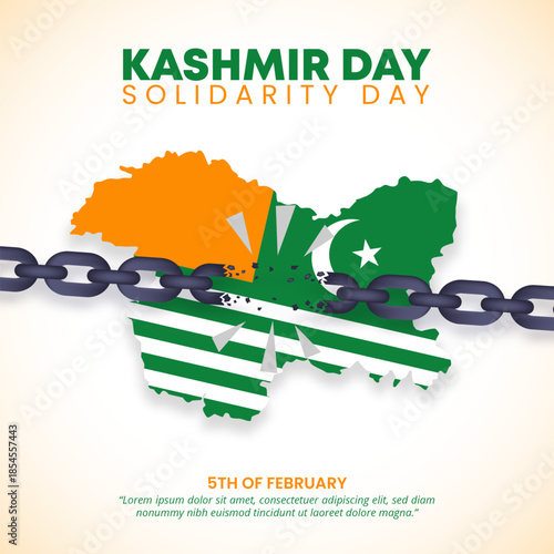 High resolution digital illustration Kashmir Solidarity Day poster with broken chains and map graphic