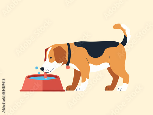 A cartoon dog drinking water from a red bowl on the floor