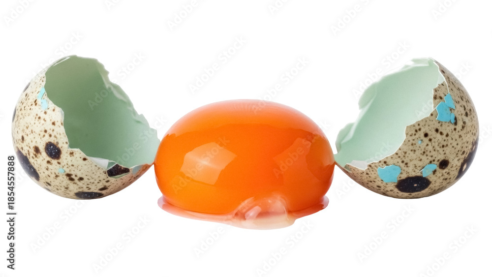Fototapeta premium Cracked quail egg with yolk isolated PNG on transparent background, gourmet food ingredient for cooking and healthy eating