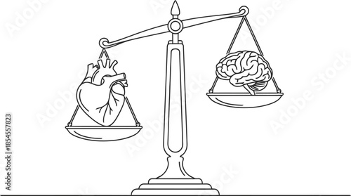 Balance between heart and brain on a vintage scale illustration