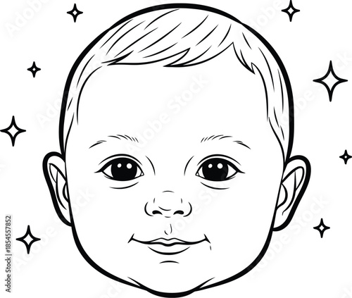 Adorable baby face with sparkling stars in a simple line drawing