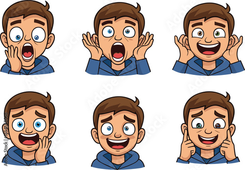 Funny cartoon boy facial expressions set, surprised shocked happy excited emotions illustration for communication psychology design concepts