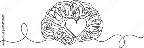 Single line drawing of brain with heart symbol inside representing love