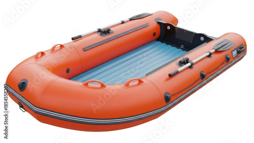 Orange inflatable boat PNG isolated on transparent background, dinghy raft for fishing and recreation, water transport vessel for summer vacation