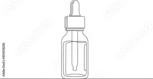 Minimalist line drawing of a glass dropper bottle with liquid inside