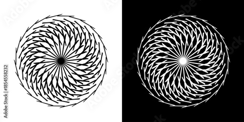 Abstract background with abstract line pattern in circles. Spiral art design as a logo or icon. A black figure on a white background and the same white figure on a black side. Mandala design with line