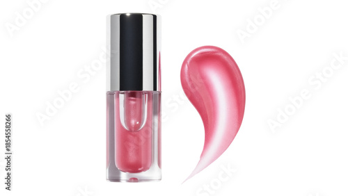 Foto Pink lip gloss bottle and swatch isolated PNG, shimmering makeup product for bea