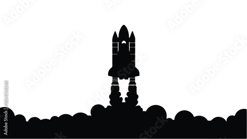 Dramatic silhouette of a spacecraft blasting off into a cloudy sky, symbolizing innovation and adventure.