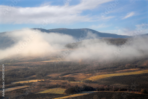 Foggy autumn morning in the Carpathian mountains.