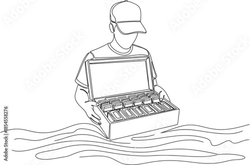Man wearing a cap carries a box of seedlings in a simple line drawing