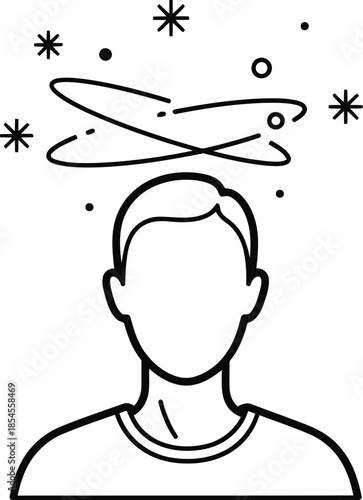 Dizzy person with swirling stars and lines above head illustration