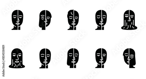Black and white split face icons.