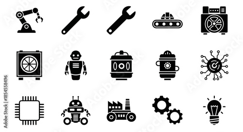 Black icons of industrial technology tools.