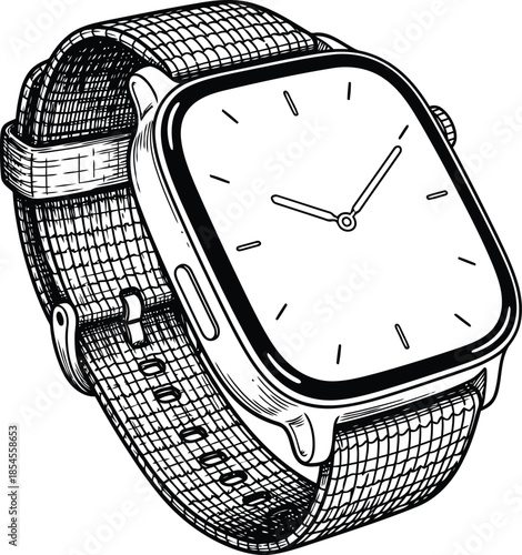 Hand drawn sketch of a modern smartwatch with a textured band