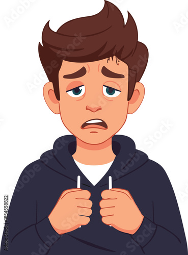 Sad tired cartoon boy clutching hoodie strings, anxious emotional facial expression illustration for stress depression mental health psychology concepts