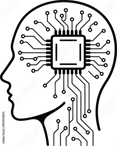 Artificial intelligence concept with a human head and circuit board
