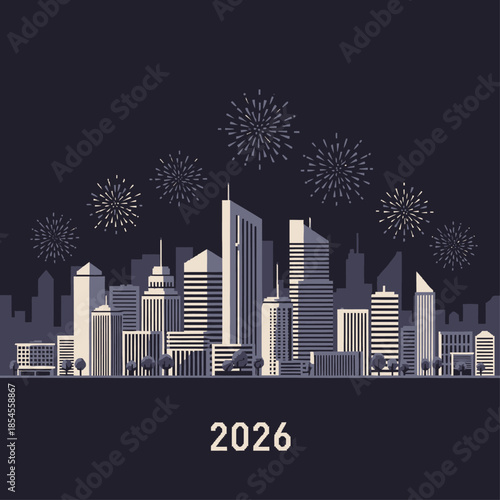 Cityscape 2026 A Futuristic Urban Vision with Fireworks Celebrating Progress and Innovation