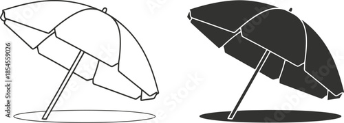 Beach umbrella sketch and silhouette side by side comparison