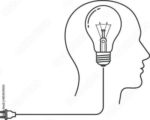 Light bulb inside head silhouette connected to power plug symbolizing ideas
