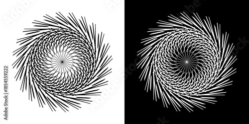 Abstract background with abstract line pattern in circles. Spiral art design as a logo or icon. A black figure on a white background and the same white figure on a black side. Mandala design with line