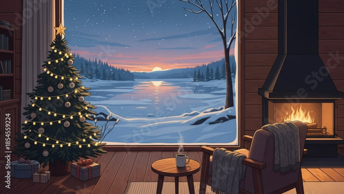 Cozy winter cabin interior with christmas tree, warm fireplace, and serene snowy landscape view at sunset, holiday cheer and relaxation