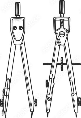 Two vintage drawing compasses open on a white background