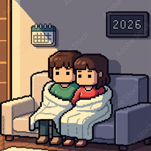 Cozy pixel art illustration of a couple snuggled under a warm blanket on a sofa, enjoying a relaxed evening at home as the year 2026 is visible on a digital clock, symbolizing comfort and togetherness