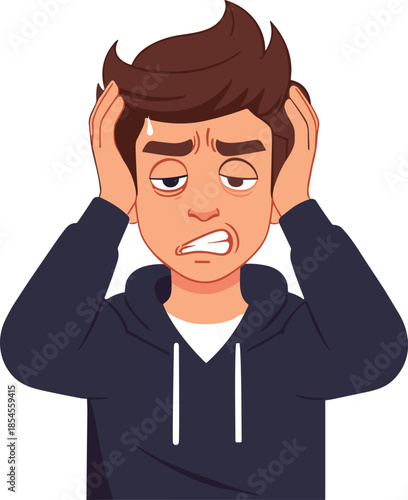 Stressed anxious cartoon boy holding head, overwhelmed emotional facial expression illustration for anxiety pressure mental health psychology concepts
