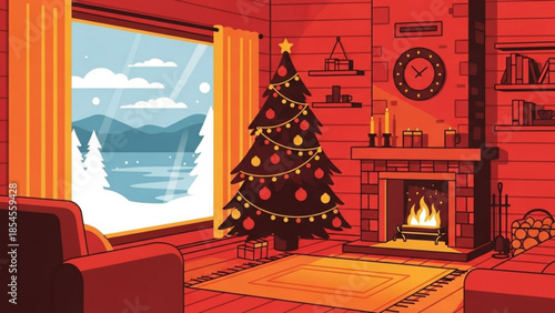 Cozy winter living room with christmas tree, fireplace, and snowy mountain view through large window, warm lighting, holiday decorations, comfortable furniture