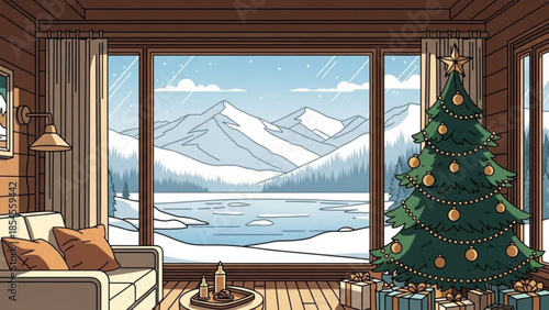 Cozy winter living room with christmas tree, snow covered mountains and lake view through large window, warm interior with sofa and presents