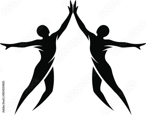 Two silhouetted figures reaching upward in a starburst formation