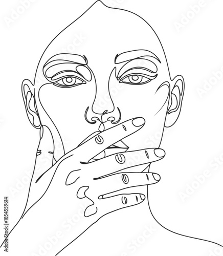Minimalist continuous line drawing of a person covering mouth