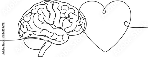 Continuous line drawing connecting a human brain and a heart symbol