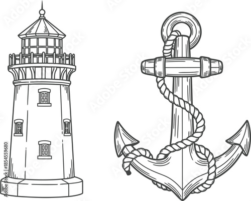 Vintage lighthouse and nautical anchor with rope illustration