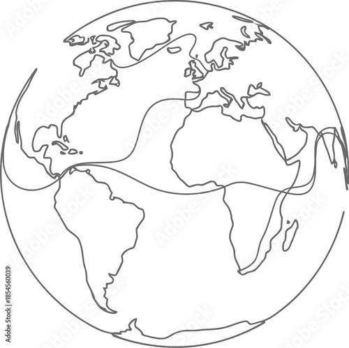 Minimalist single line drawing of the earth globe showing continents