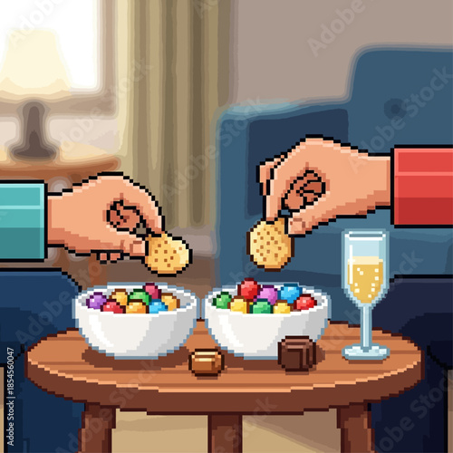 Two hands reaching for colorful candies and cookies from bowls on a coffee table, with a champagne glass nearby