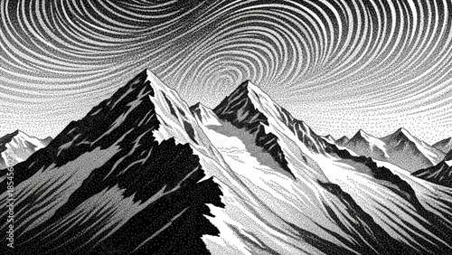 Dramatic black and white mountain range landscape with swirling stormy sky and snow capped peaks in foreground