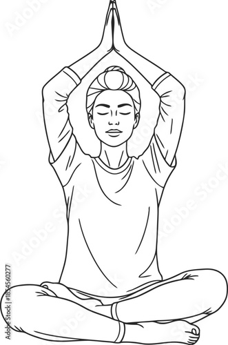 Woman in lotus pose performing yoga meditation with hands raised above