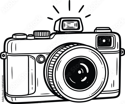 Vintage camera with flash activated hand drawn sketch style